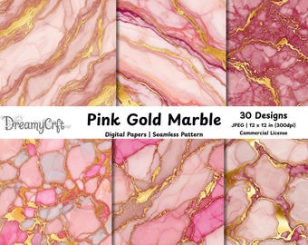 Könnte beinhalten: Eine Sammlung von digitalen Papieren aus rosa und goldenem Marmor. Die Papiere zeigen wirbelnde Muster in Rosa- und Goldtönen mit nahtlosem Design. Das Bild enthält den Text "Pink Gold Marble" und "30 Designs".
