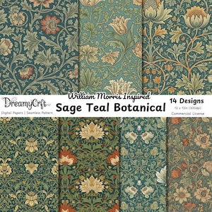 May include: A collection of 14 digital paper designs with a William Morris-inspired botanical theme. The patterns feature sage, teal, and floral elements. The text on the image reads "Sage Teal Botanical" and "12 x 12in (300dpi) Commercial License."