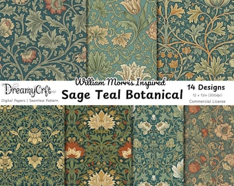 May include: A collection of 14 digital paper designs with a William Morris-inspired botanical theme. The patterns feature sage, teal, and floral elements. The text on the image reads "Sage Teal Botanical" and "12 x 12in (300dpi) Commercial License."