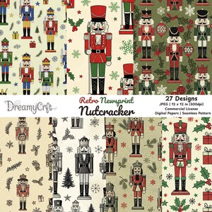 Op de afbeelding: Digitale papieren met notenkrakerontwerpen in rood, groen en zwart. De papieren bevatten herhalende patronen en individuele notenkraker illustraties. De tekst "Retro Newsprint Nutcracker" wordt weergegeven. De papieren zijn 30,48 x 30,48 cm.