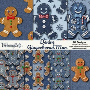 May include: A collection of denim-textured digital papers featuring gingerbread man designs. The papers showcase various gingerbread men with different bow ties, buttons, and decorative elements. The text "Denim Gingerbread Man" is visible.