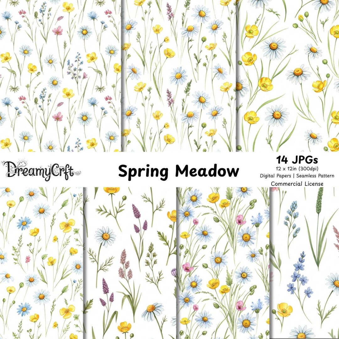 Watercolor Wildflower Seamless Pattern Pastel Daisy Buttercup Digital ...