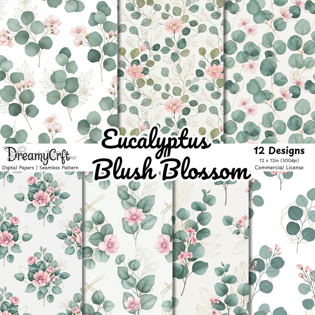 Floral Seamless Pattern Eucalyptus Blush Blossom Teal Gold Botanical ...