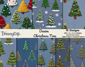 デニムのクリスマスツリーのシームレスなデジタルペーパー、布地