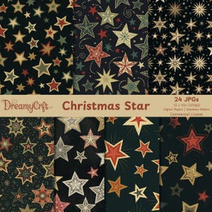 May include: A collection of digital papers featuring various star patterns in shades of gold, red, green, and cream on a dark background. The image includes the text "Christmas Star" and "24 JPGs 12 x 12in (300dpi) Digital Papers | Seamless Pattern Commercial License."