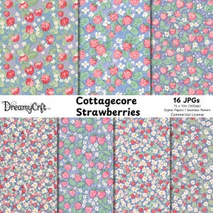 Strawberry Seamless Pattern, Cottagecore Fruit Floral Digital Paper, Watercolor Berry Fabric Print Sublimation