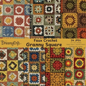 May include: A collection of colorful faux crochet granny square digital papers. The squares feature various floral and geometric patterns in shades of red, blue, yellow, green, and brown. The image includes the text "Faux Crochet Granny Square" and "24 JPGs 12 x 12in (300dpi)".