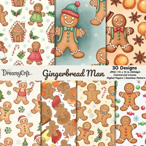 May include: A collection of digital papers featuring gingerbread men in various poses and patterns. The designs include gingerbread men with hats, bow ties, and candy canes, set against festive backgrounds. The text "Gingerbread Man" is displayed.