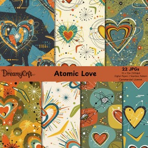 May include: A collection of digital papers with an atomic age theme. The designs feature hearts, boomerangs, and starbursts in teal, orange, yellow, and green on various backgrounds. The text "Atomic Love" is displayed on an orange banner.
