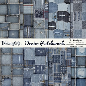 以下が含まれることがあります： さまざまな青色のデニムパッチワークデザインのコレクション。画像には、ステッチされた正方形、長方形、不規則な形状など、さまざまなデニムのテクスチャが使用されています。「DreamyCrft Denim Patchwork」というテキストが画像全体に表示され、デザインの詳細が示されています。