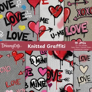 May include: A collection of digital papers with a knitted graffiti design. The patterns feature red hearts, the word "LOVE", and other phrases in a graffiti style. The color palette includes red, pink, black, and gray.