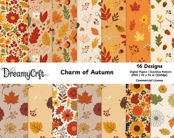 Könnte beinhalten: Eine Sammlung von 16 digitalen Papierdesigns mit Herbstthema. Die Muster zeigen Blätter, Blumen und andere Herbstmotive in Orange-, Gelb- und Brauntönen. Der Text lautet "Charm of Autumn" und "12 x 12 in (300dpi)".