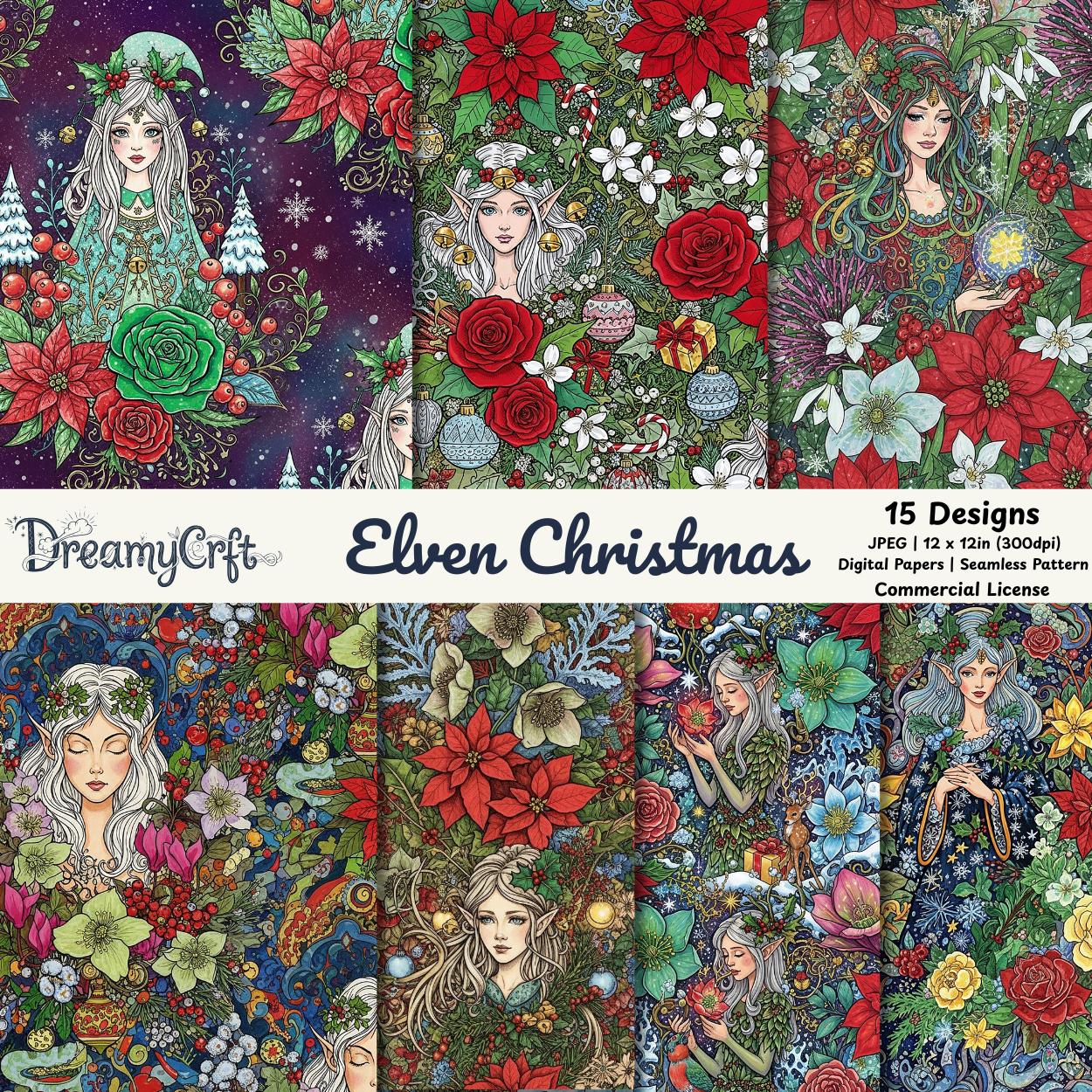 May include: A collection of 15 digital paper designs with an "Elven Christmas" theme. The designs feature illustrations of elves, poinsettias, roses, and other festive elements. The color palette includes red, green, and white, with a fantasy art style.
