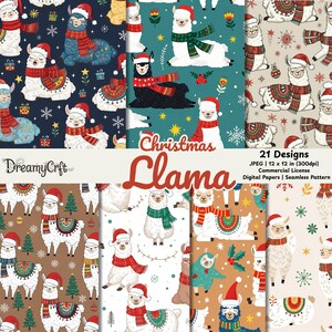 Op de afbeelding: Een verzameling van 21 digitale papierontwerpen met feestelijke lama's. Elke lama draagt een kerstmuts en een sjaal met patronen. De ontwerpen bevatten sneeuwvlokken, cadeaus en kerstbomen. De tekst "Christmas Llama" is te zien.
