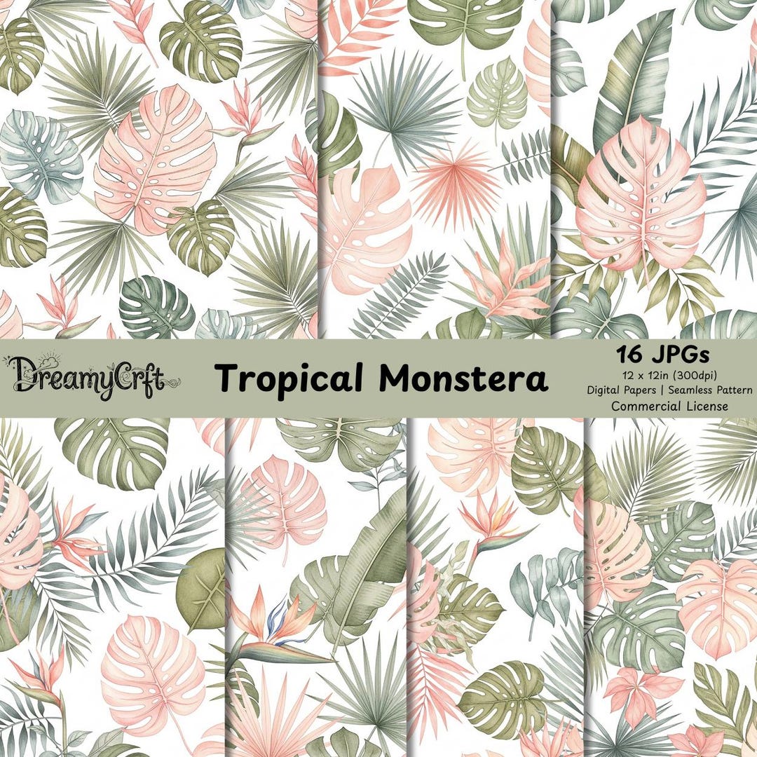 Tropical Monstera Seamless Pattern, Exotic Palm Leaf Digital Paper ...