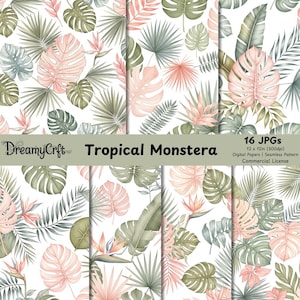 Op de afbeelding: Digitale papieren met een tropisch monstera bladpatroon. Het ontwerp bevat groene, roze en perzik bladeren en bloemen op een witte achtergrond. De tekst "DreamyCrft Tropical Monstera" wordt weergegeven. Afmetingen: 30,48 cm x 30,48 cm.