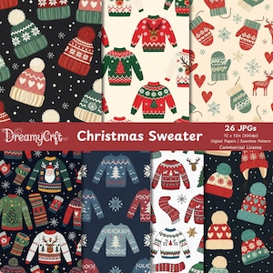 Op de afbeelding: Digitale papieren met kerstpatronen, waaronder truien, mutsen, wanten en sneeuwvlokken in rood, groen en blauw. De tekst "DreamyCrft Christmas Sweater" is zichtbaar. De papieren zijn 30,48 x 30,48 cm groot.