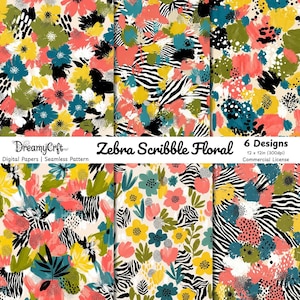 May include: Six digital paper designs with a seamless floral pattern. The designs feature a mix of flowers, zebra stripes, and abstract shapes in coral, teal, yellow, and black. The text reads "Zebra Scribble Floral" and "6 Designs 12 x 12in (300dpi) Commercial License."