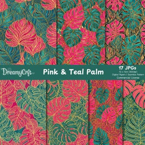 May include: Digital papers showcasing a pink and teal palm leaf design with gold detailing. The image presents multiple arrangements of tropical leaves. The text "Pink & Teal Palm" is visible.