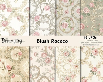 Sömlöst mönster med vintagerosor, digitalt rokokoblommigt papper, viktorianska shabby chic-bakgrunder, romantisk antik skräpjournal