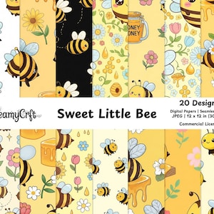 Könnte beinhalten: Eine Sammlung digitaler Papiere mit dem Thema "Sweet Little Bee". Die Designs zeigen Cartoon-Bienen, Honig und Blumen in Gelb, Schwarz und Weiß. Der Text "Sweet Little Bee" und "20 Designs" sind sichtbar. Die Papiere sind 30,48 cm x 30,48 cm groß.