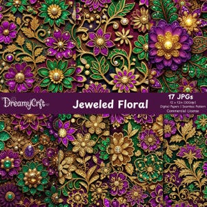 Könnte beinhalten: Digitale Papiere mit einem floralen Design mit Juwelen. Die Papiere zeigen komplizierte Blumenmuster in Lila, Grün und Gold mit funkelnden Akzenten. Der Text "Jeweled Floral" wird auf einem lila Banner angezeigt. Der Text "17 JPGs" ist ebenfalls vorhanden.