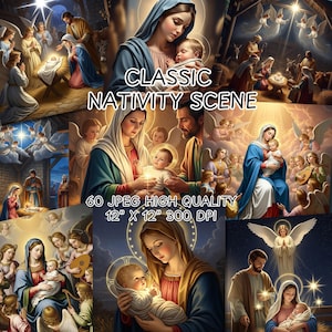 May include: A selection of digital art prints showcasing classic nativity scenes. The images feature Mary, Joseph, and baby Jesus, with angels and other figures. The text "CLASSIC NATIVITY SCENE" is displayed. The prints are 30.48 cm x 30.48 cm and 300 DPI.