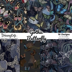 May include: Digital paper set featuring a seamless pattern of Gothic butterflies in various colors, including black, blue, and gold. The image includes the text "Gothic Butterfly" and "16 Designs 12 x 12in (300dpi) Commercial License."