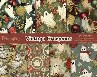 Naadloos gotisch kerstpatroon, retro spookachtig spook noodlijdend digitaal papier, winterplakboekpapier