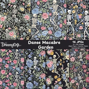 May include: Digital paper set with a floral design of dancing skeletons on black. The pattern includes pink, blue, and yellow flowers. The text "Danse Macabre Garden" is displayed. The set includes 16 JPGs, 30.48 x 30.48cm.