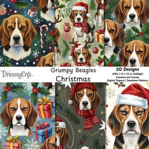 May include: A collection of digital papers featuring grumpy beagle dogs in festive Christmas designs. The papers include various patterns with beagles wearing Santa hats, scarves, and reindeer antlers, along with gift boxes and snowflakes. The text reads "Grumpy Beagles Christmas".