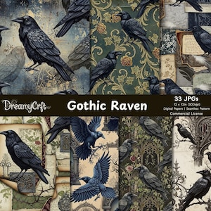 May include: Digital paper pack featuring various illustrations of black ravens on antique-style backgrounds. The pack includes 33 JPGs, each 12 x 12 inches, with a seamless pattern and commercial license. The text "Gothic Raven" is displayed.