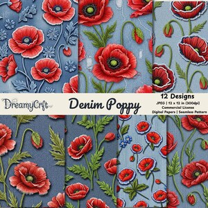 May include: A collection of digital paper designs featuring red poppy flowers on a denim blue background. The designs include various arrangements of poppies with green leaves and buds. The text "DreamyCrft" and "Denim Poppy" are visible.