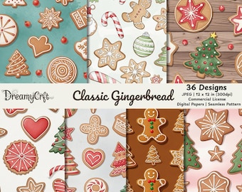 May include: A collection of digital papers featuring gingerbread cookies in various shapes and patterns. The designs include gingerbread men, stars, hearts, and Christmas trees, with a watercolor style. The text "Classic Gingerbread" and "36 Designs" are also visible.
