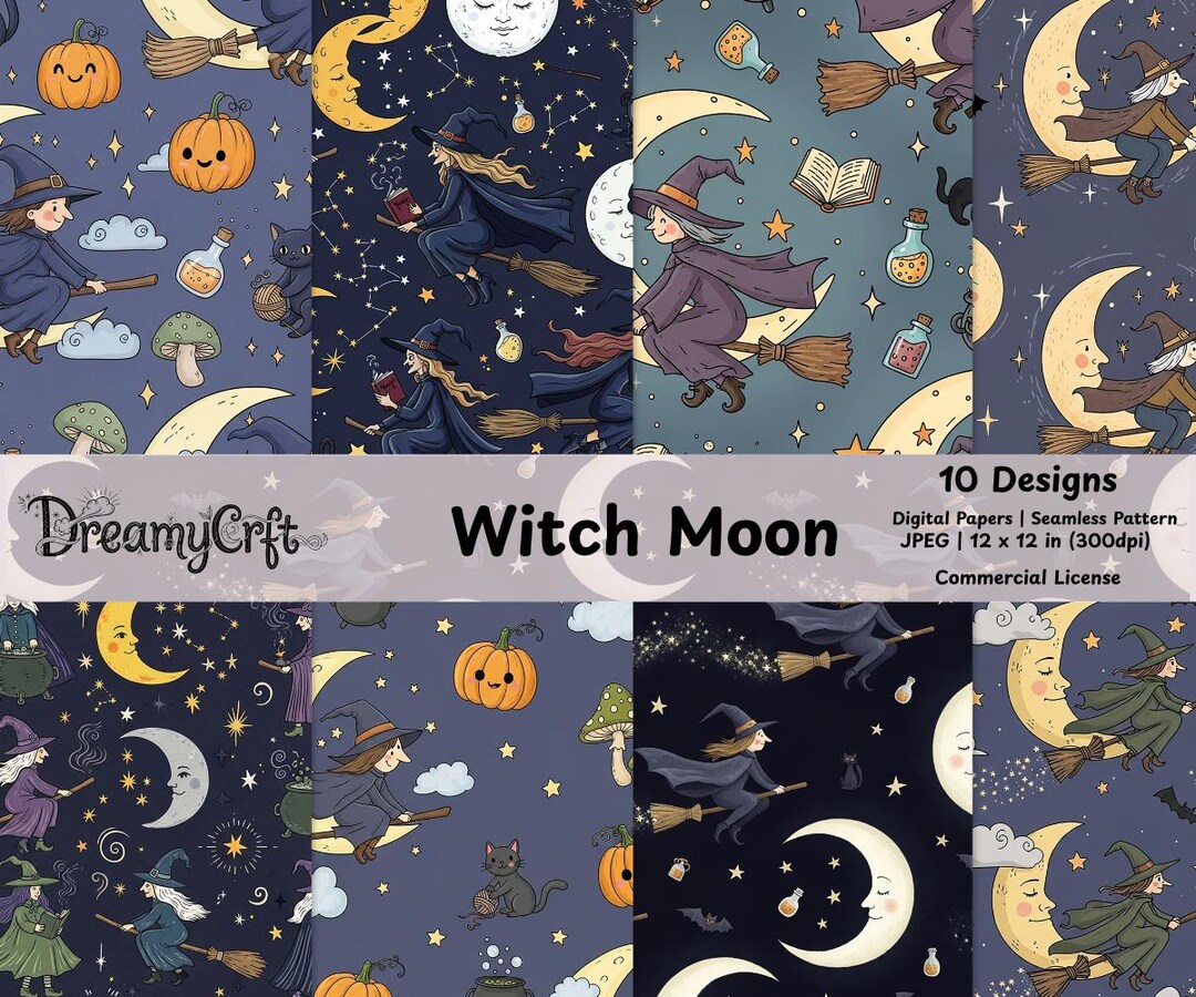 Whimsical Halloween Seamless Pattern Storybook Witch Moon Portion ...