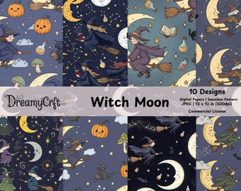 Whimsical Halloween Seamless Pattern Storybook Witch Moon Portion Digital Printable Magical Scrapbook