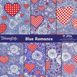 May include: Digital paper set featuring a blue and white floral pattern with red checkered hearts. The design includes roses and other floral elements. The text "Blue Romance" is displayed on a dark blue banner. The set includes 17 JPGs, each 12 x 12 inches.