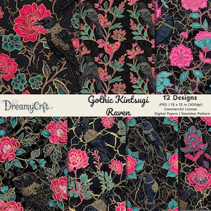 Pode incluir: Conjunto de papel digital com um padrão sem costura. Apresenta corvos pretos, flores rosa e turquesa e detalhes dourados sobre um fundo preto. O texto diz "Gothic Kintsugi Raven" e "12 Designs".