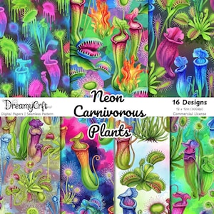 May include: A vibrant digital paper set featuring neon carnivorous plants in various colors. The designs include pitcher plants, Venus flytraps, and other exotic flora, with the text "Neon Carnivorous Plants" and "16 Designs".