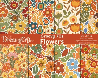 Motivi floreali retrò senza soluzione di continuità, carta digitale hippie anni '70 con fiori, stampa su tessuto boho