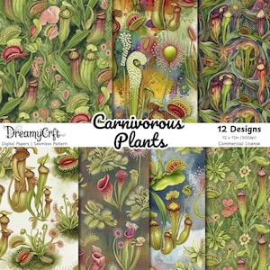 May include: A collection of 12 digital paper designs featuring watercolor illustrations of carnivorous plants. The designs include various pitcher plants, Venus flytraps, and other exotic flora in shades of green, red, and yellow. The text "Carnivorous Plants" is displayed.
