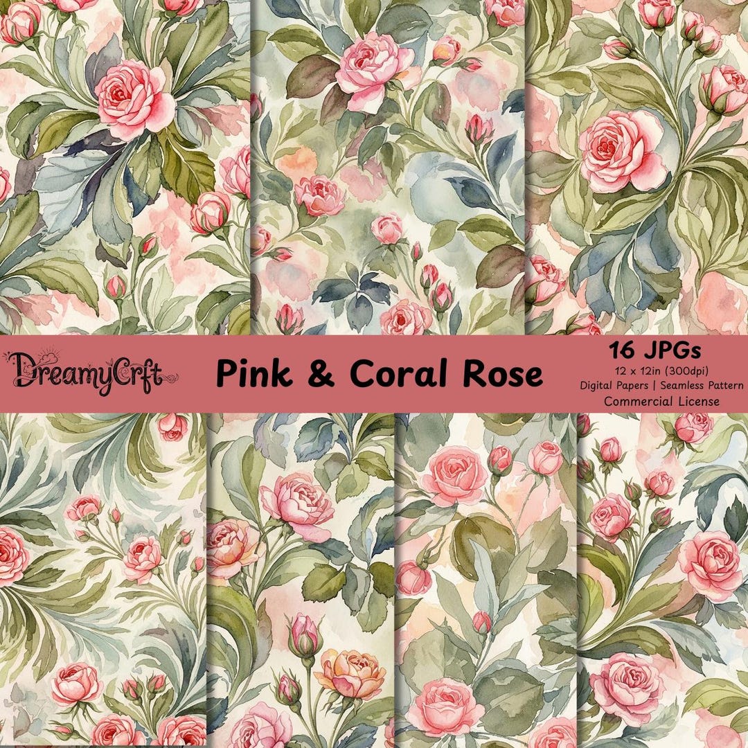Watercolor Floral Seamless Pattern, Pink & Coral Rose Digital Paper ...