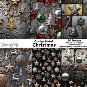 May include: A collection of digital papers with a grunge metal Christmas theme. The designs feature metallic ornaments, stars, snowflakes, and trees in gold, silver, and green. The text "Grudge Metal Christmas" is displayed.