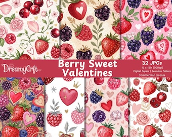 Modèle sans couture de la Saint-Valentin, papier numérique d'été aquarelle baies fraises framboises, sublimation artisanale imprimable.