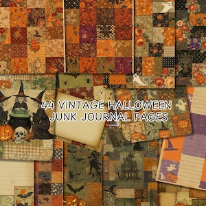 Könnte beinhalten: Eine Sammlung von 44 Vintage-Halloween-Junk-Journal-Seiten. Die Seiten weisen ein Patchwork-Design in Orange-, Braun- und Grüntönen auf. Illustrationen umfassen Hexen, Kürbisse, Geister und Fledermäuse. Der Text "44 Vintage Halloween Junk Journal Pages" ist sichtbar.