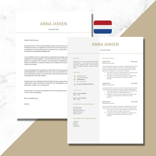 Nederlands cv sjabloon, Nederlands cv template Word, Professioneel, Modern, inclusief sollicitatiebrief en referenties | met foto