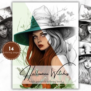 Halloween Witches - Adult Grayscale Halloween Coloring Book, Instant Download, 14 Grayscale Coloring Pages, Printable PDF File