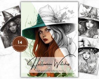 Halloween Hexen - Malbuch für Erwachsene, Malbuch, Sofort Download, 14 Graustufen Malvorlagen, printable PDF File