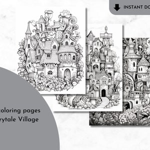 Printable Fairytale Village Coloring Pages - Adults Kids Coloring Book, Instant Download, Grayscale Coloring Page, Printable PDF File