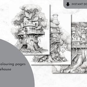 Printable Treehouse Coloring Pages - Adults Kids Coloring Book, Instant Download, Grayscale Coloring Page, Printable PDF File